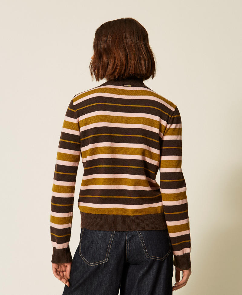 Turtleneck jumper with brooch Mocha/Shiny Oil/Powder Rose Stripes Woman 262LI3BAA_13916_03