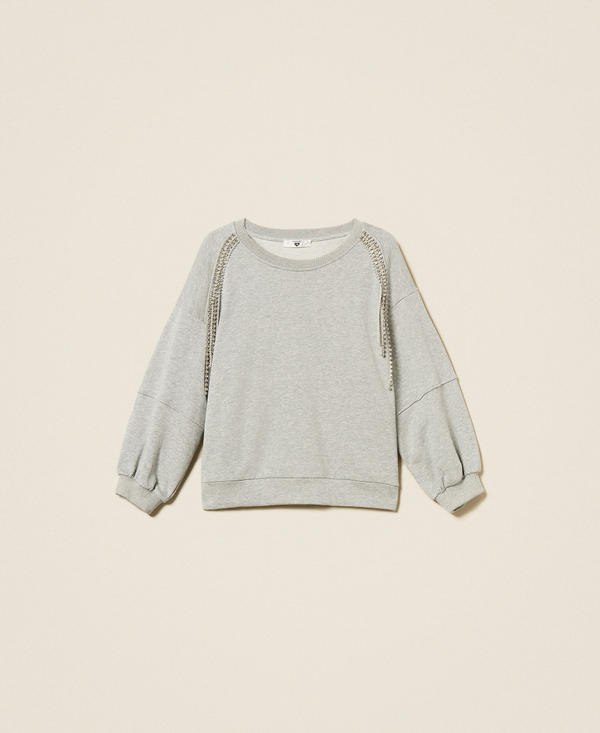 Sweatshirt with rhinestone and pearl chains