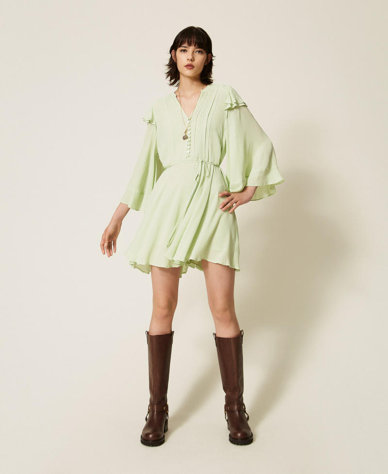 Abito corto in cr&ecirc;pe de Chine con volant Green Pastel Donna 262TP2348_13636_02