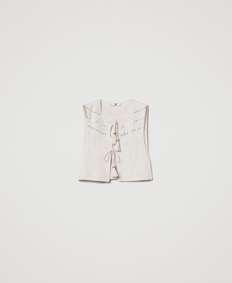 Gilet en lin m&eacute;lang&eacute; avec broderie Broderie Almond Beige/Dark Almond Beige Femme 251LM2FDD_12376_S0
