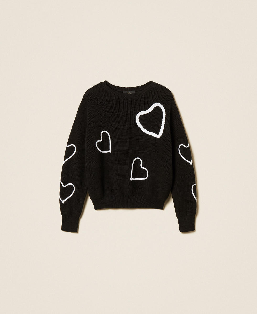 Pull avec broderie de c&oelig;urs Bicolore Noir/Broderie Blanc Cass&eacute; Femme 261AP3130_13486_S0