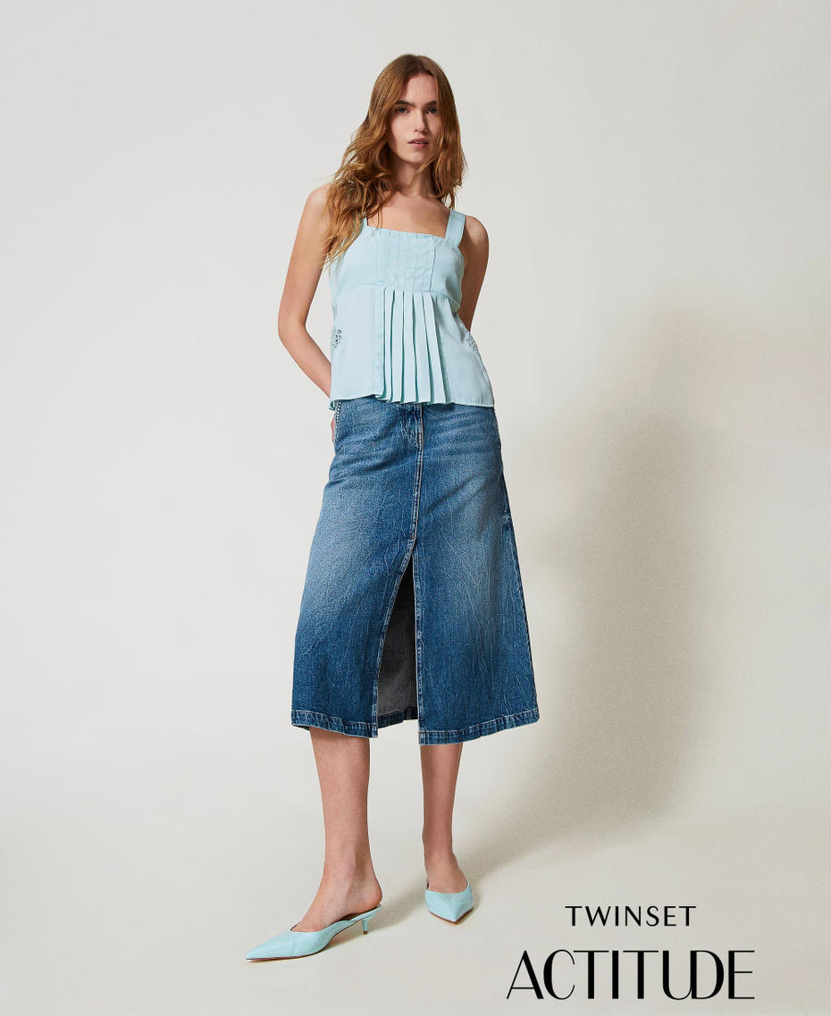 Twill top with embroidery and pleats Light Canal Blue Woman 251AP2422_12134_PA