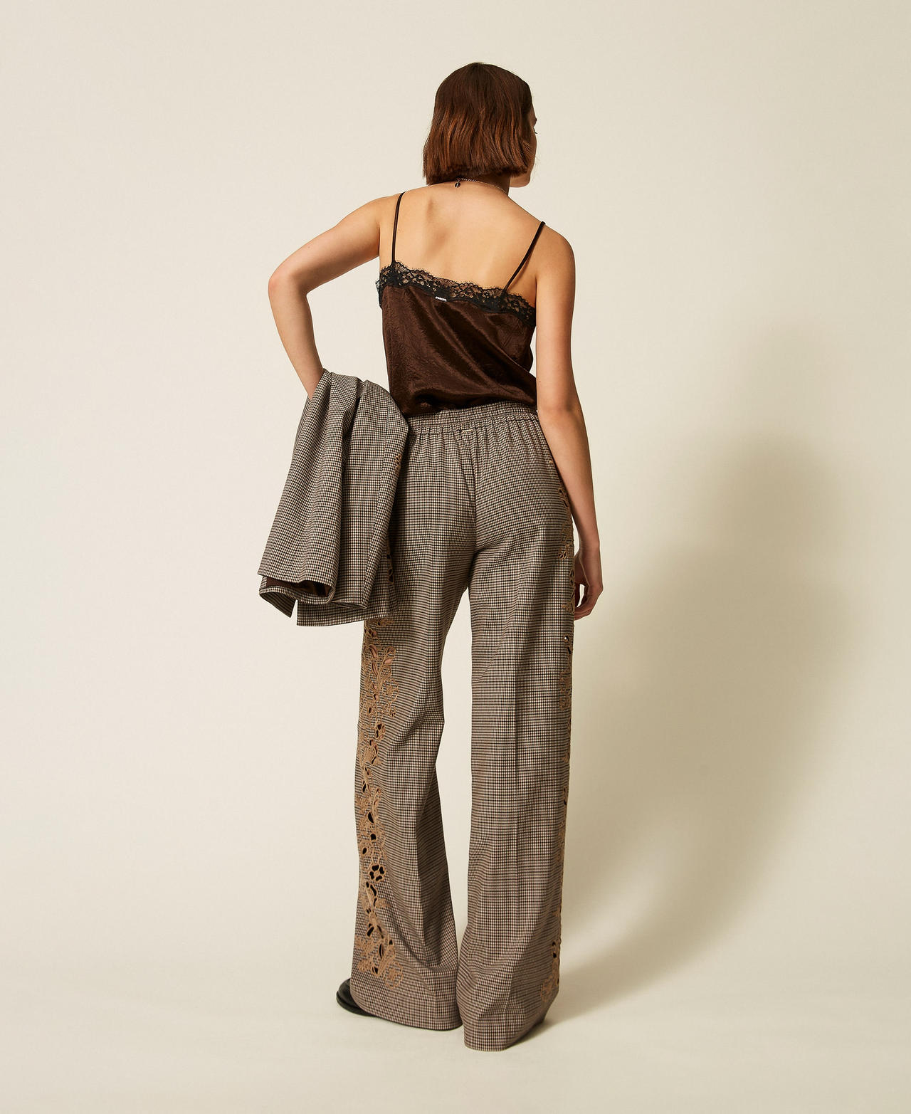 Houndstooth palazzo trousers with embroidery "Oak" Beige/Darkness Brown Houndstooth Woman 262TP2631_13828_03