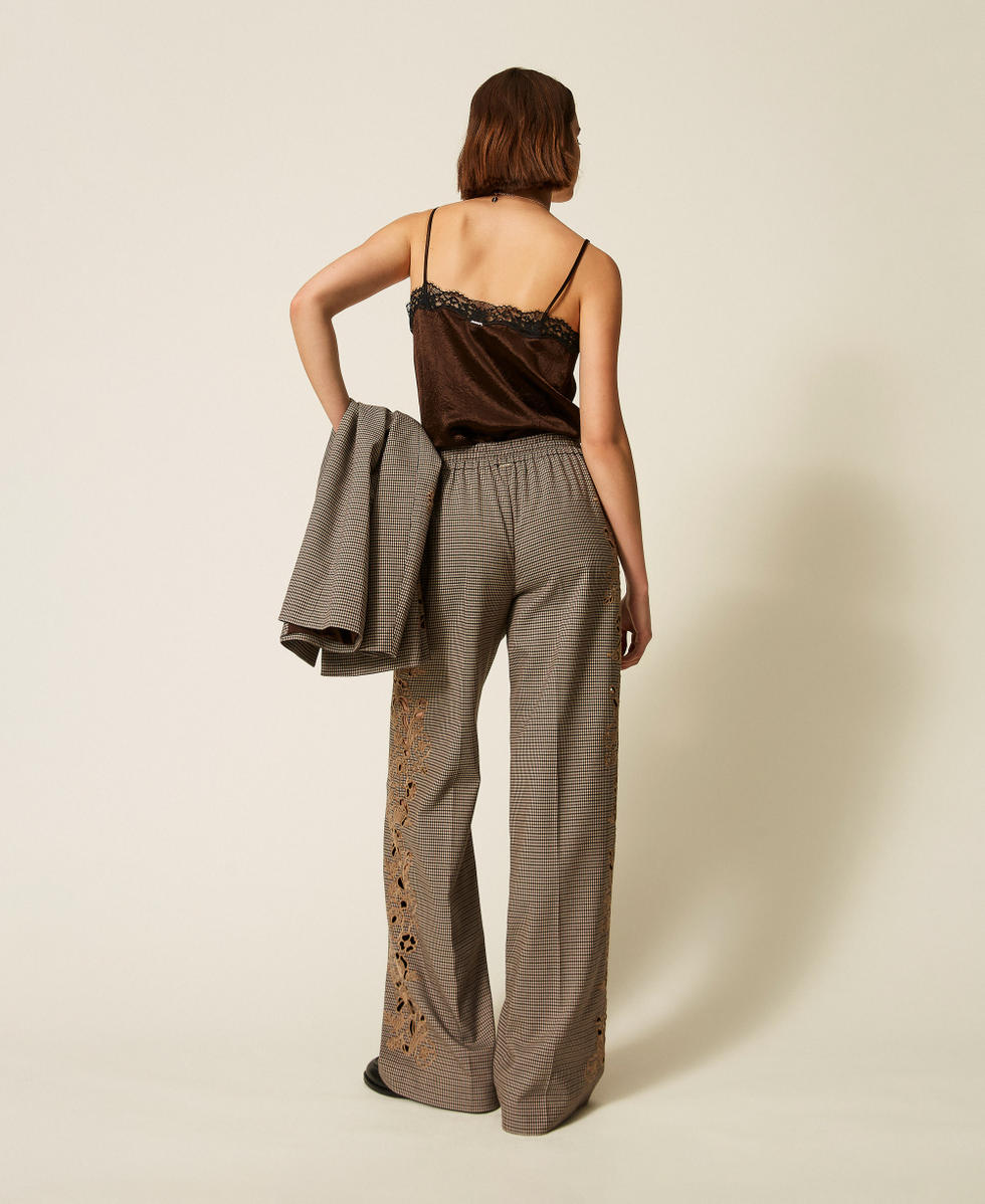 Palazzohose mit Hahnentrittmuster und Stickdetail Hahnentrittmuster "Oak"-Beige / Darkness Brown Frau 262TP2631_13828_03
