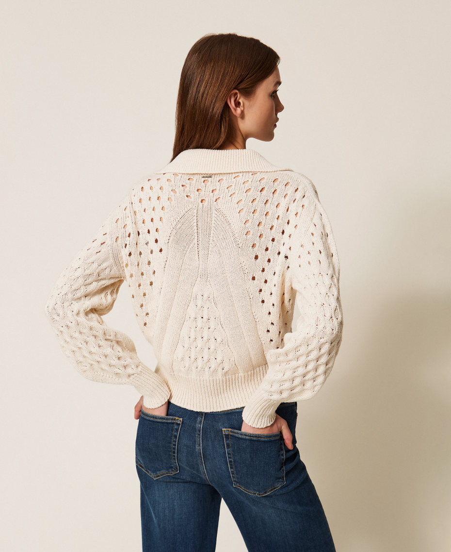 Cable knit jumper with bow "Parchment" Beige Woman 261TP3492_07222_03