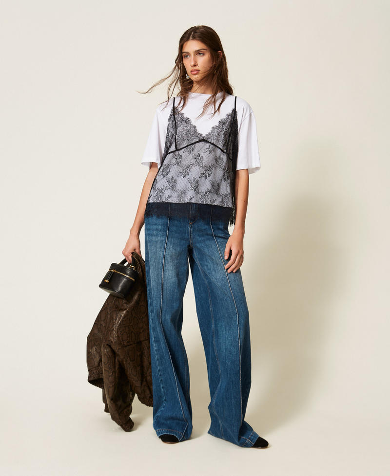 Crew neck T-shirt and lace top Two-tone &ldquo;Lucent White&rdquo; / Black Woman 262TT2553_11341_T0