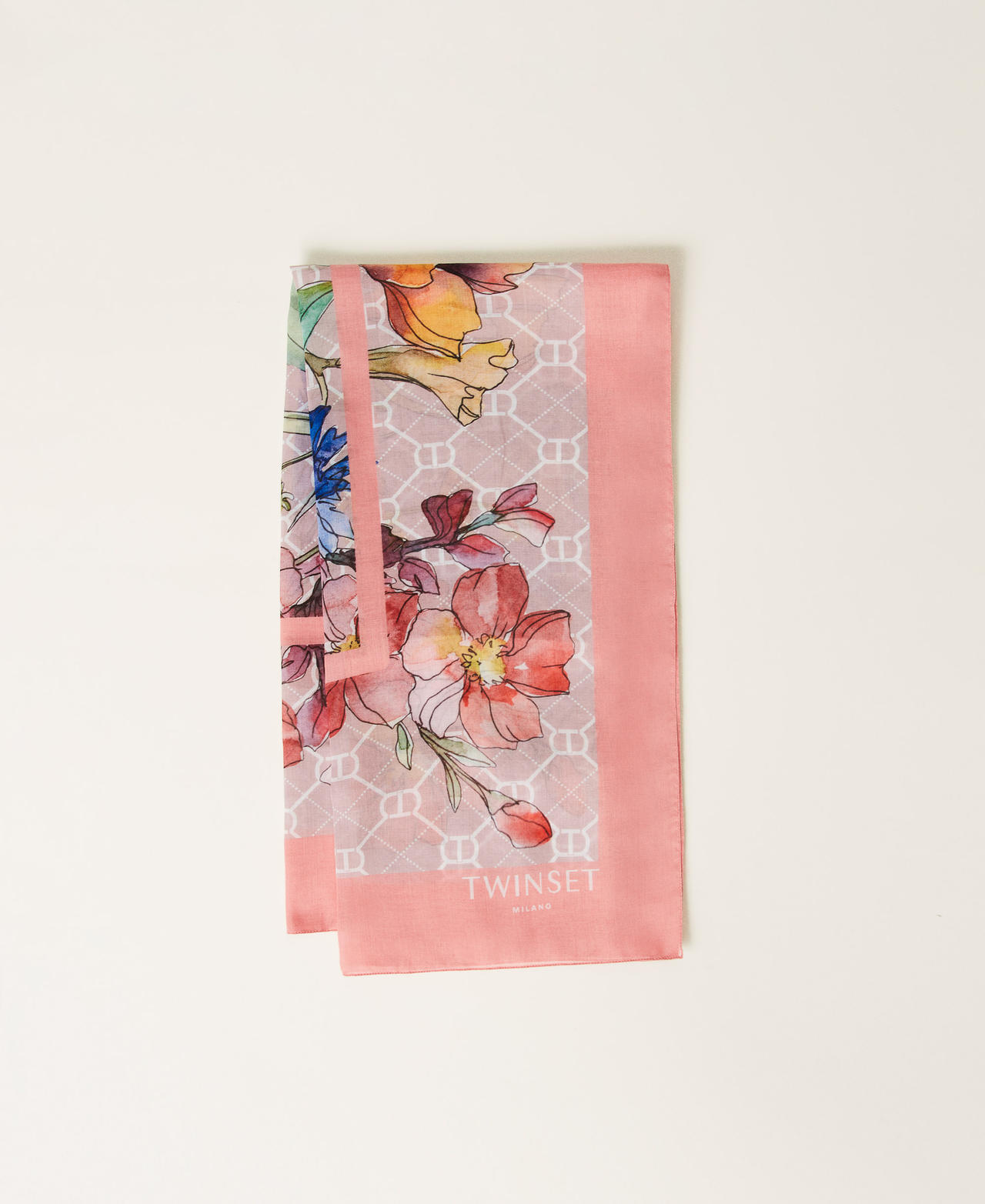 Keffiyeh with logo and flower print Peach Flowers Print Woman 251TA4330_12220_01