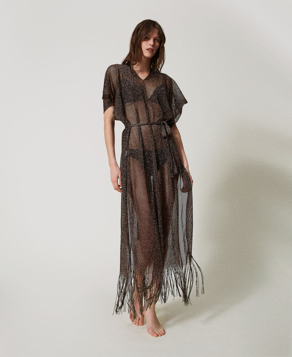 Long mesh and lurex kaftan with fringes Chocolate Lab Woman 251TO5180_10780_01
