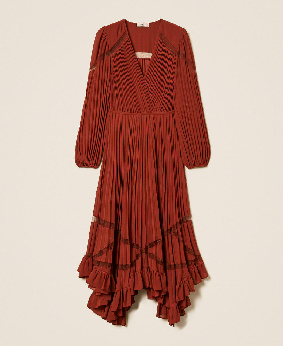 Long pleated georgette dress "Cherry Wood" Brown Woman 262TP271A_06501_S0