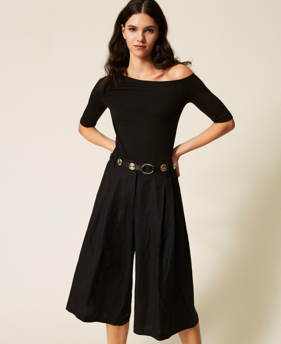 Bermuda in misto lino con pinces Nero Donna 261LL2NGG_00006_01