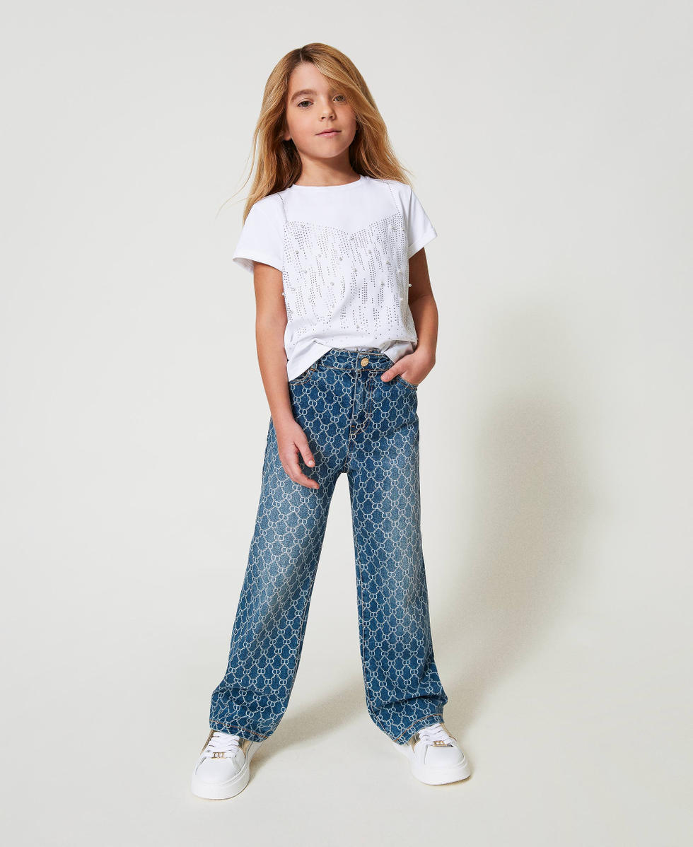 Jeans with Oval T logo all over Mid Denim Logo Girl 251GJ2591_12281_01