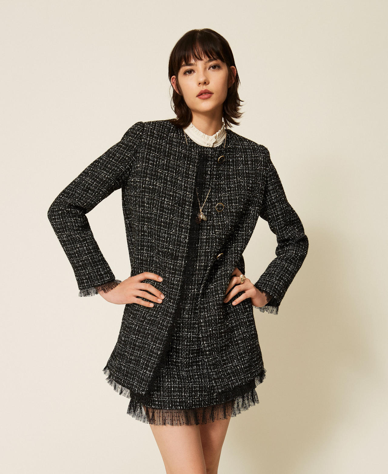 TWINSET - Manteau en bouclé et tulle plumetis, Femme, Bouclé Noir/Lys, 44