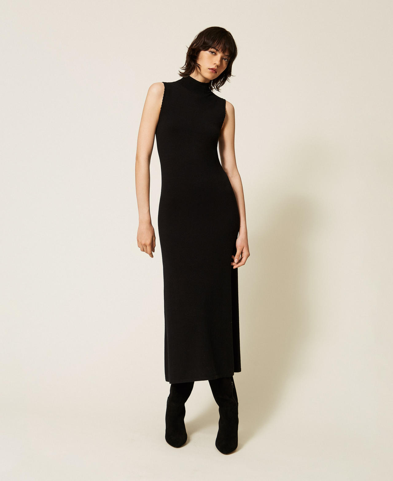 Twinset Women's Black Long Knit Dress With Crochet Details