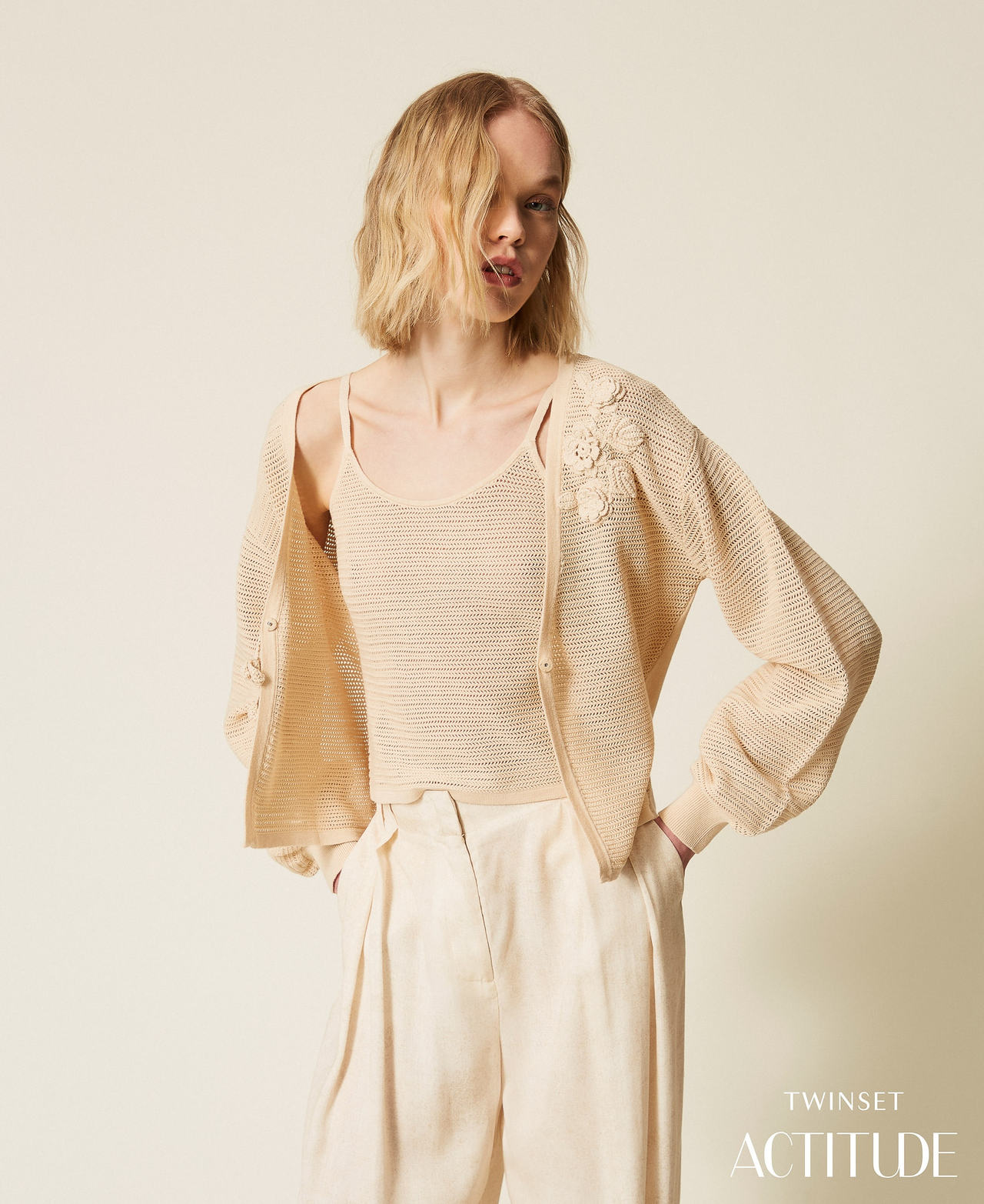 Mesh stitch cardigan and top Cashew Beige Woman 261AT3024_13362_PA
