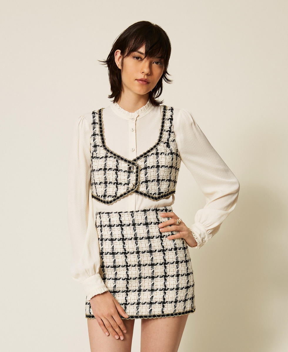 Short boucl&eacute; top with check pattern Grey/Black/Gold Check Boucl&egrave; Woman 262TP2753_13859_01