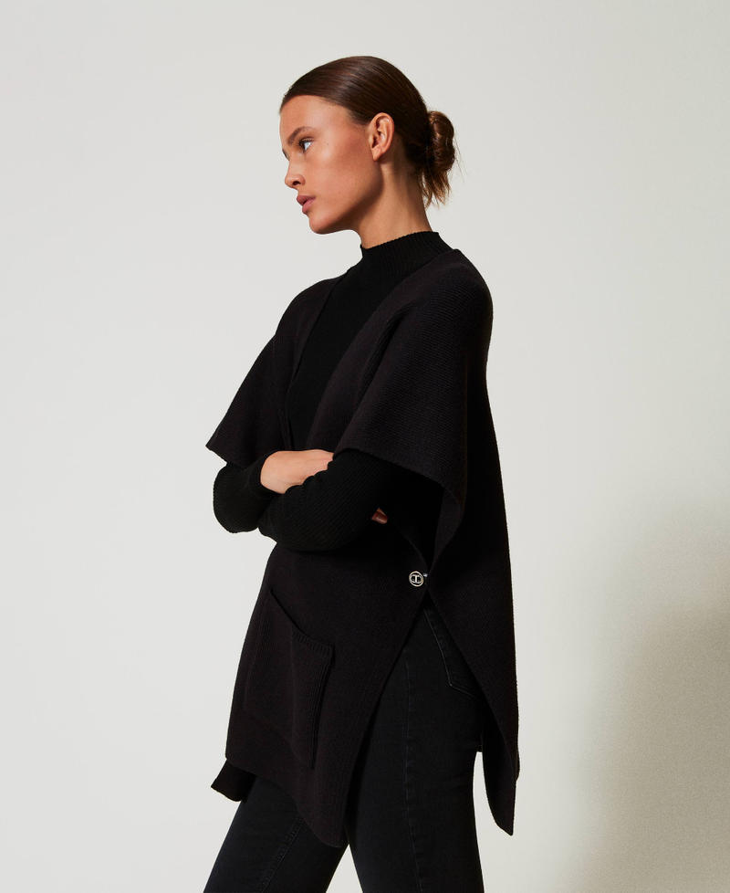 Knit poncho with embroidered logo Woman, Black | TWINSET Milano