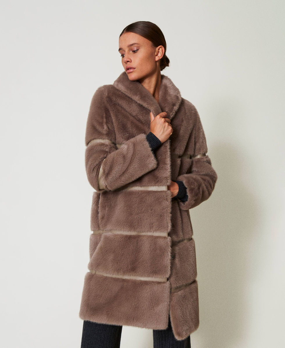 Faux fur coat with inlays Woman, Brown | TWINSET Milano