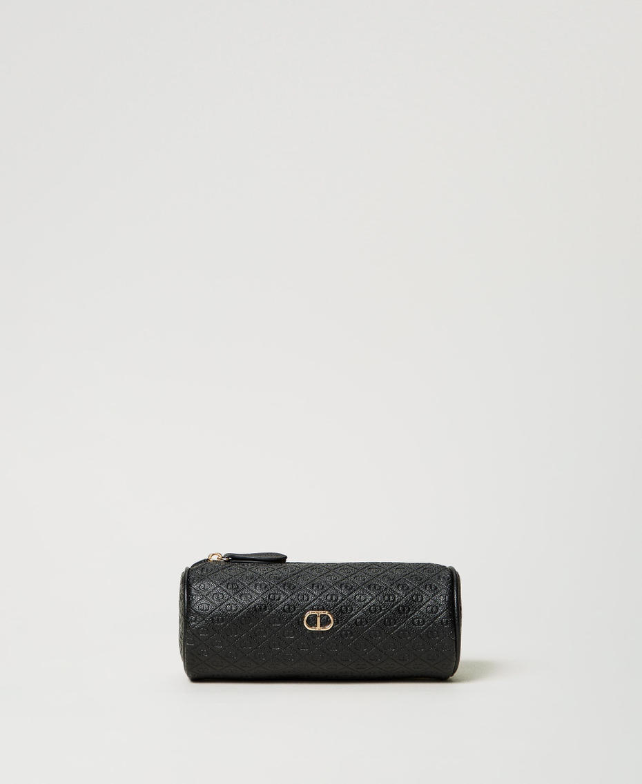 Cylindrical beauty pouch with Oval T logo all over Black Woman 251TH7043_00006_01
