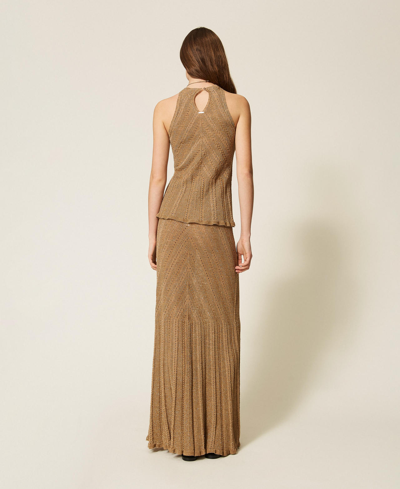 Langer Rock aus Leinenstrick mit Lurex Golden Green Lurex Frau 261TT3211_12454_03