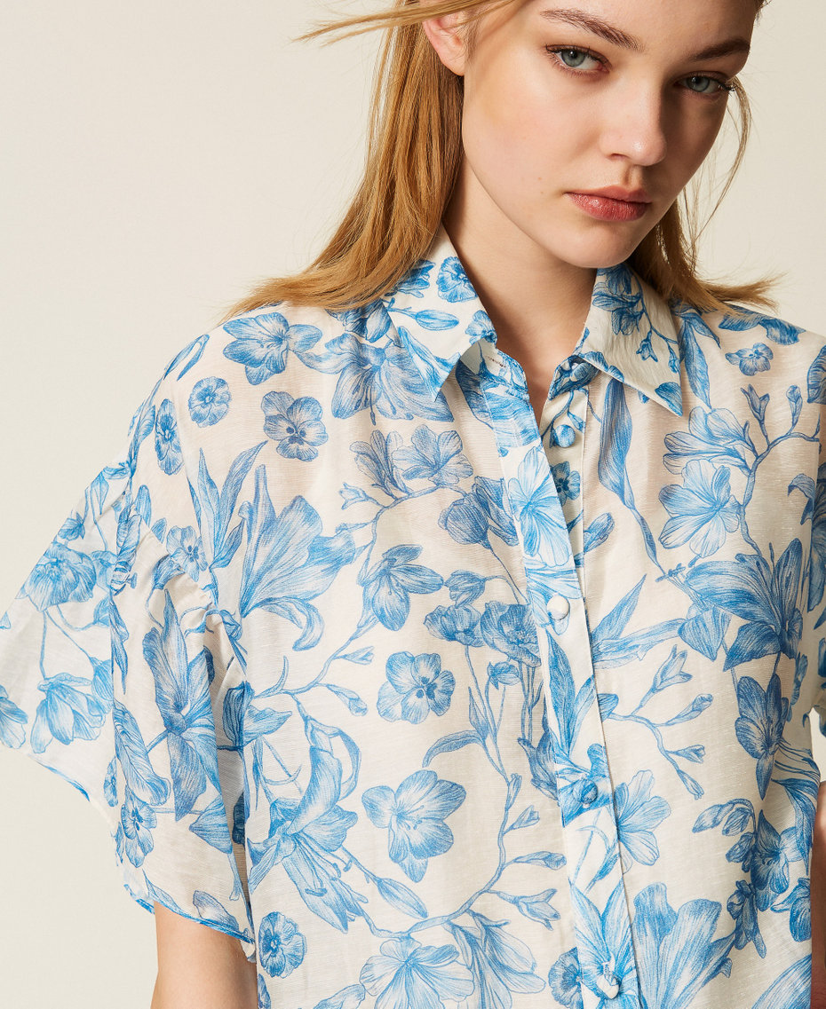 Robe courte chemisier florale Imprim&eacute; Toile de Jouy Blanc Cass&eacute;/Bleu M&eacute;diterran&eacute;e Femme 261LM2SGG_13465_04