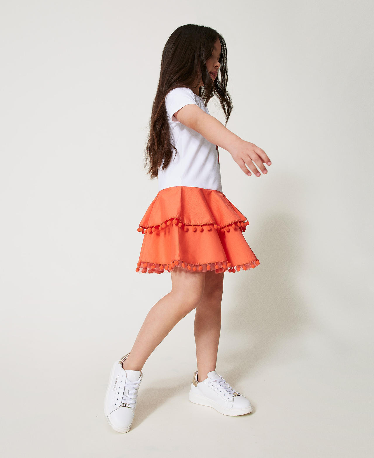 Robe courte avec volants et pompons Bicolore Ice/Sugar Coral Fille 251GJ242B_12256_02