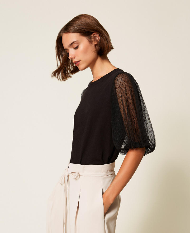 T-shirt avec manches en tulle Noir Femme 252TT2310_00006_02