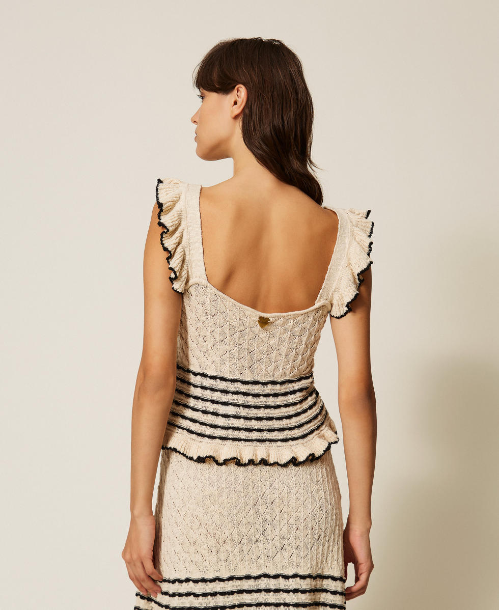 Striped jumper with ruffles Two-tone Parchment White/Black Jacquard Woman 261LB3HCC_13338_03