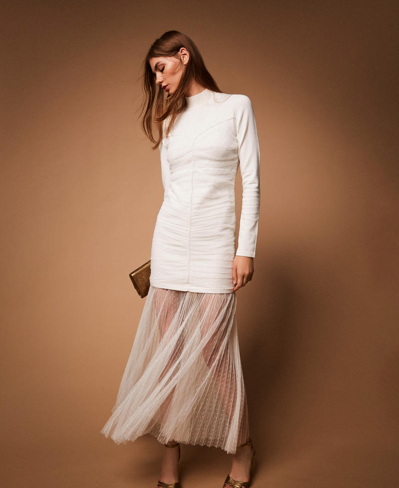 Langes Strickkleid mit Tüll Weiß Schnee Frau 252TT3262_00282_PC