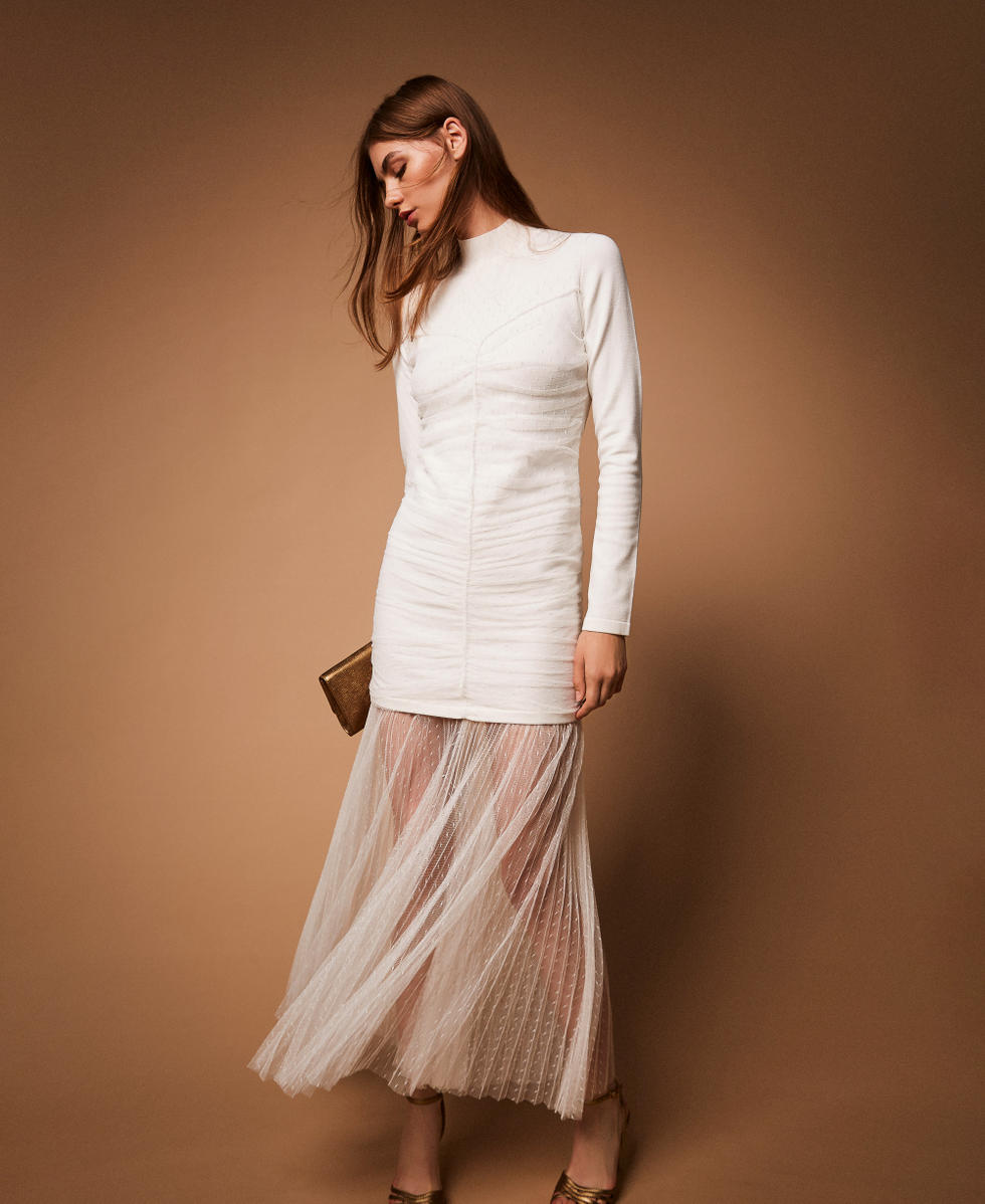 Robe longue en maille et tulle Blanc Neige Femme 252TT3262_00282_PC