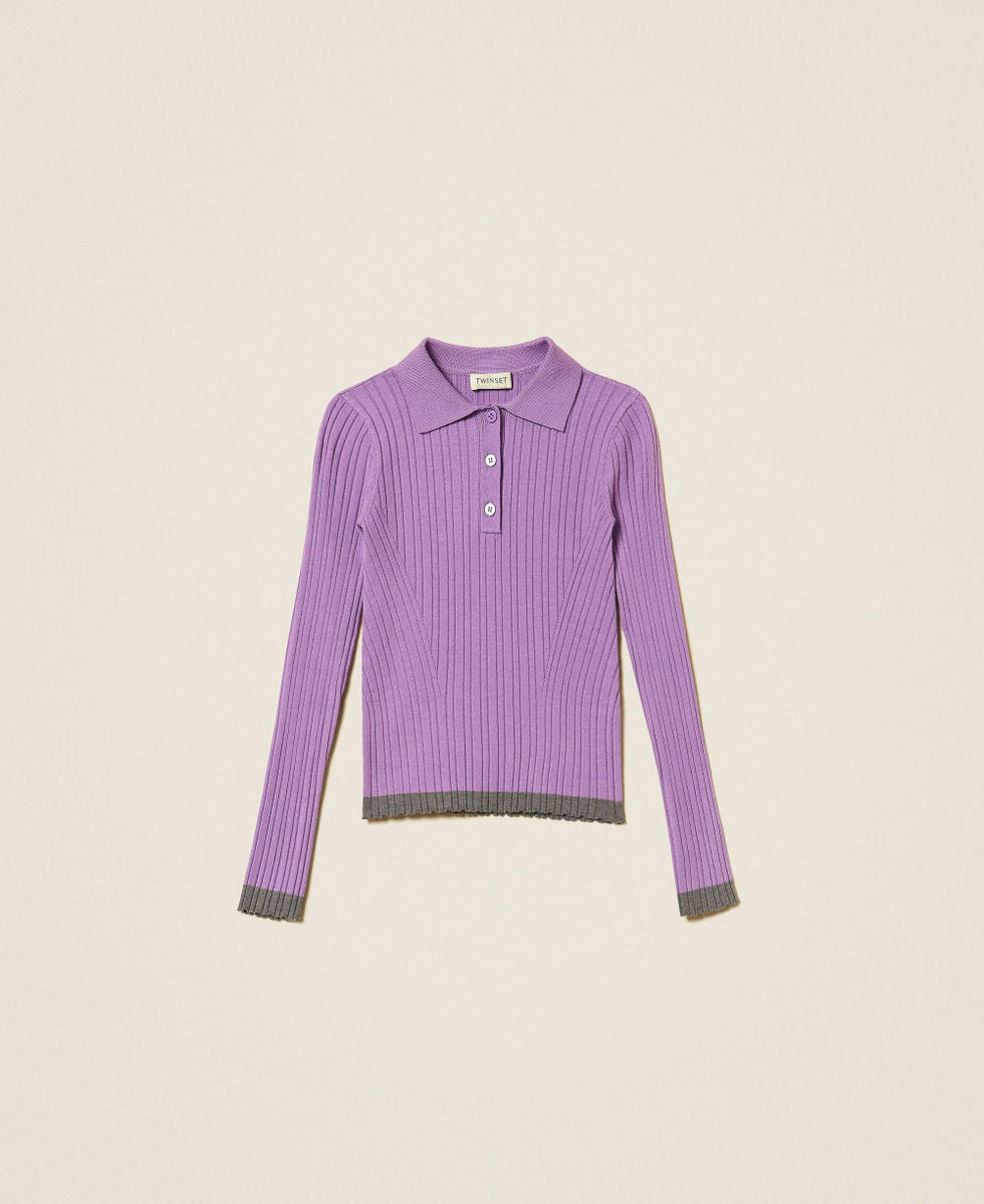 Ribbed polo jumper with contrasting details Two-tone "Hyacinth" Purple/Dark Grey Melange Girl 262GJ3010_13791_S0