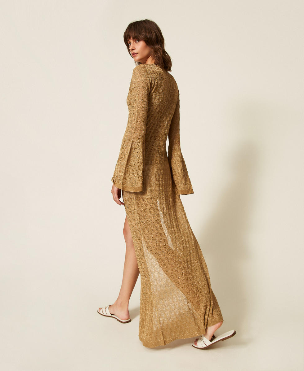 Langer Strick-Cardigan mit ausgestellten &Auml;rmeln Golden Green Lurex Frau 262TP3Q33_12454_03
