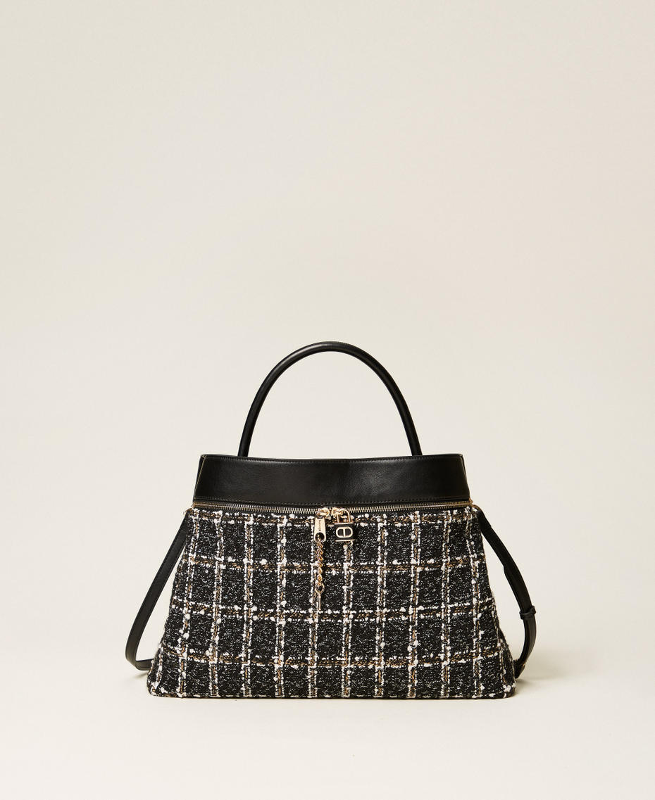 Cabas en tweed avec cadenas Oval T Jacquard Neige / Noir Femme 252TD8270_04253_01