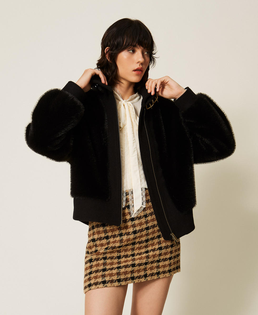 Faux fur and wool cloth bomber jacket Black Woman 262TT2180_00006_01