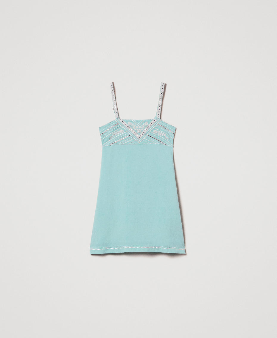 Short linen-blend dress with embroidery Green Marine/Almond Beige Embroidery Woman 251LM2FBB_12374_S0