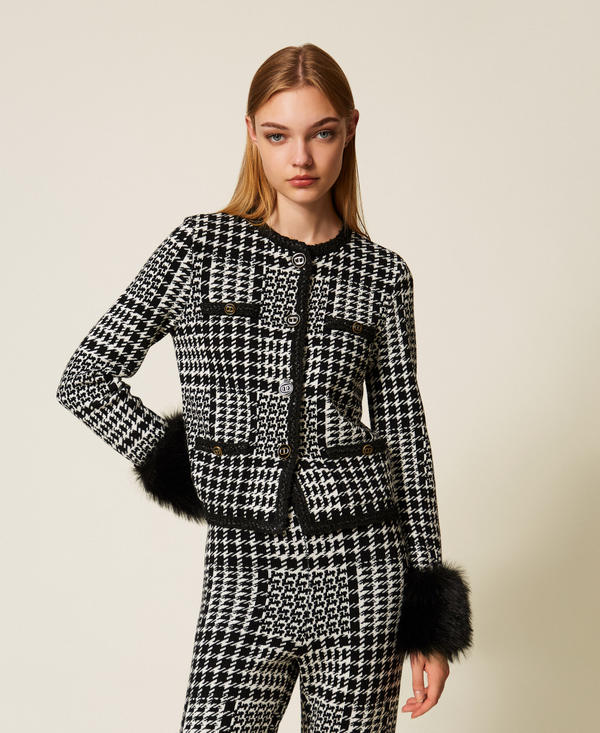 Chequered knit jacket with faux fur