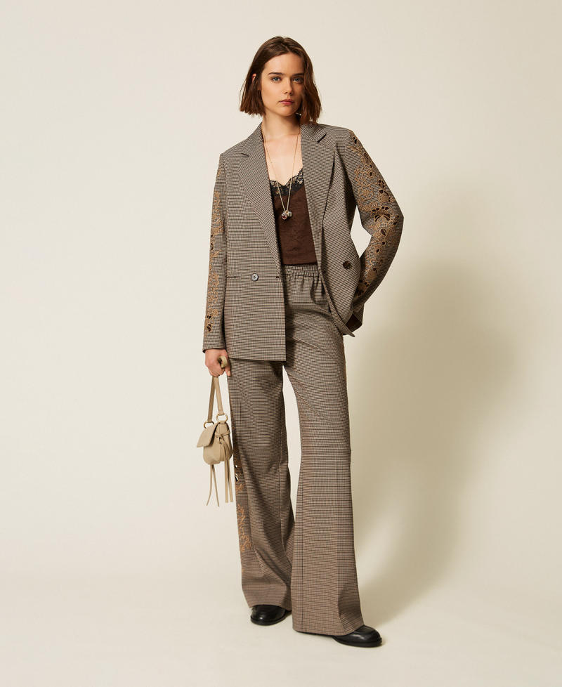 Houndstooth palazzo trousers with embroidery "Oak" Beige/Darkness Brown Houndstooth Woman 262TP2631_13828_01