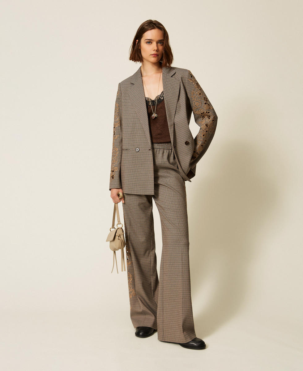 Palazzohose mit Hahnentrittmuster und Stickdetail Hahnentrittmuster "Oak"-Beige / Darkness Brown Frau 262TP2631_13828_01
