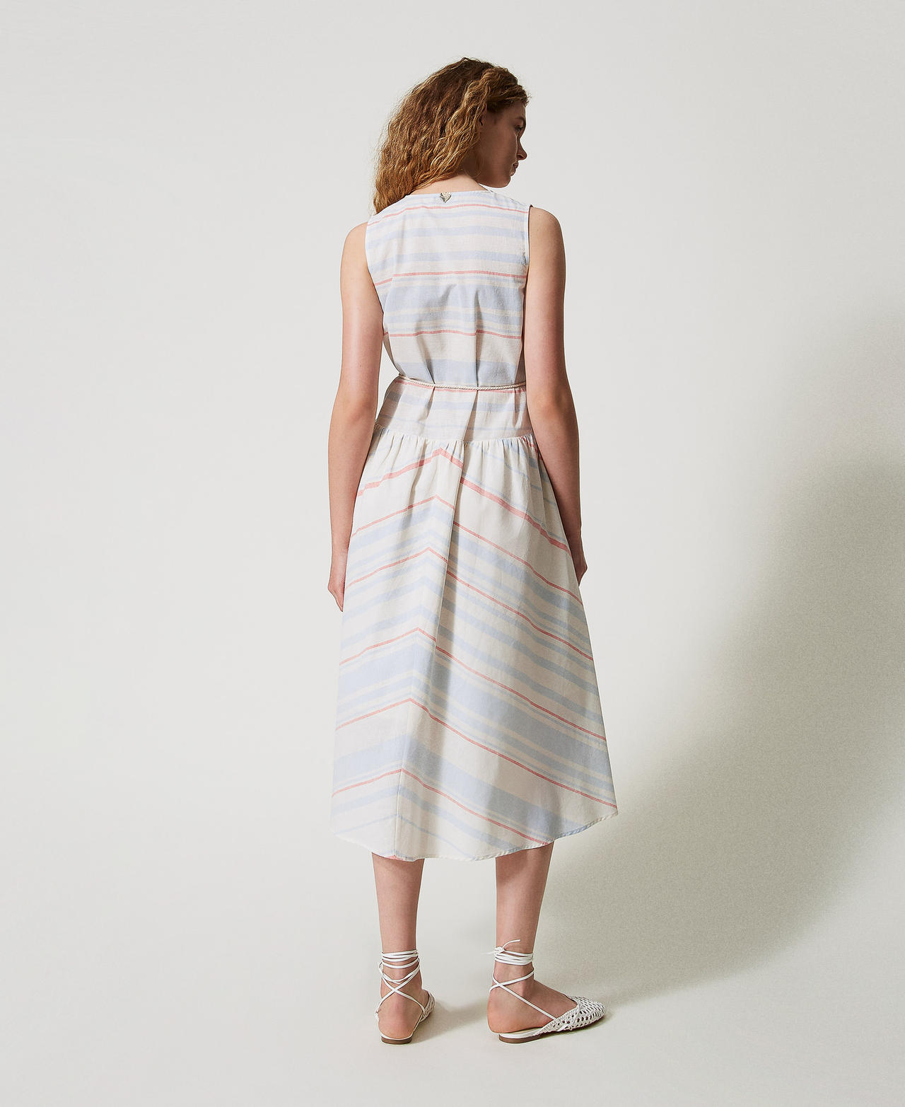 Long linen-blend striped dress Sugar/Coral Sunset/Blue Topaz Stripes Woman 251LM2JAA_12378_03
