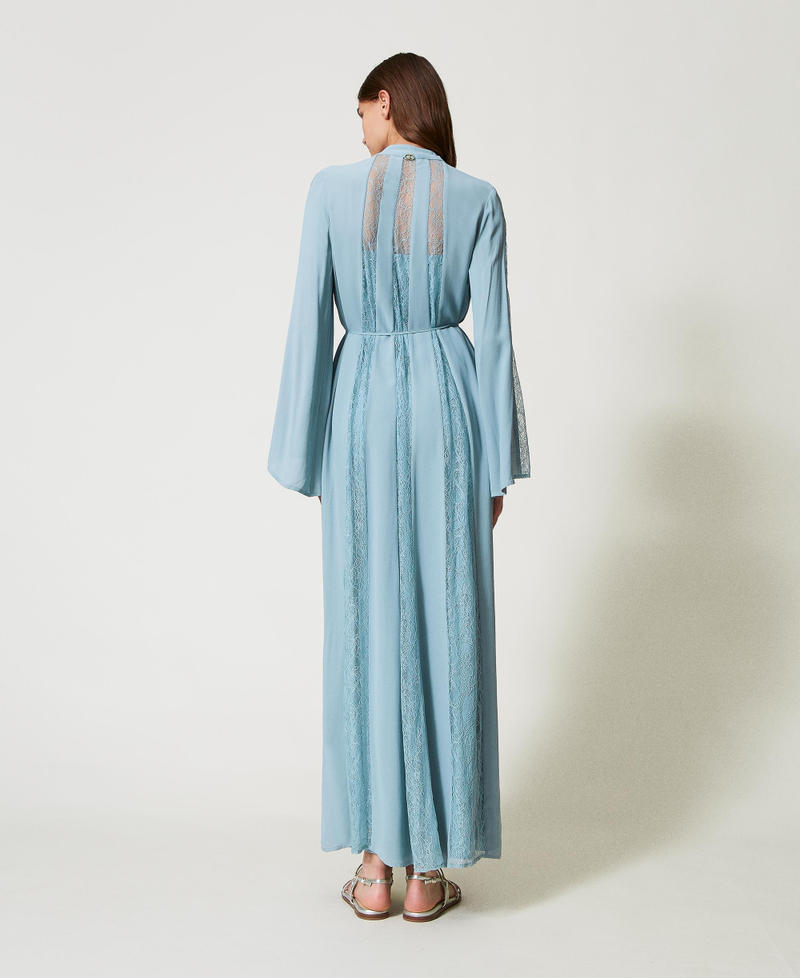 Long cr&ecirc;pe and Chantilly lace dress Dusty Blue Woman 251TP2411_00485_03