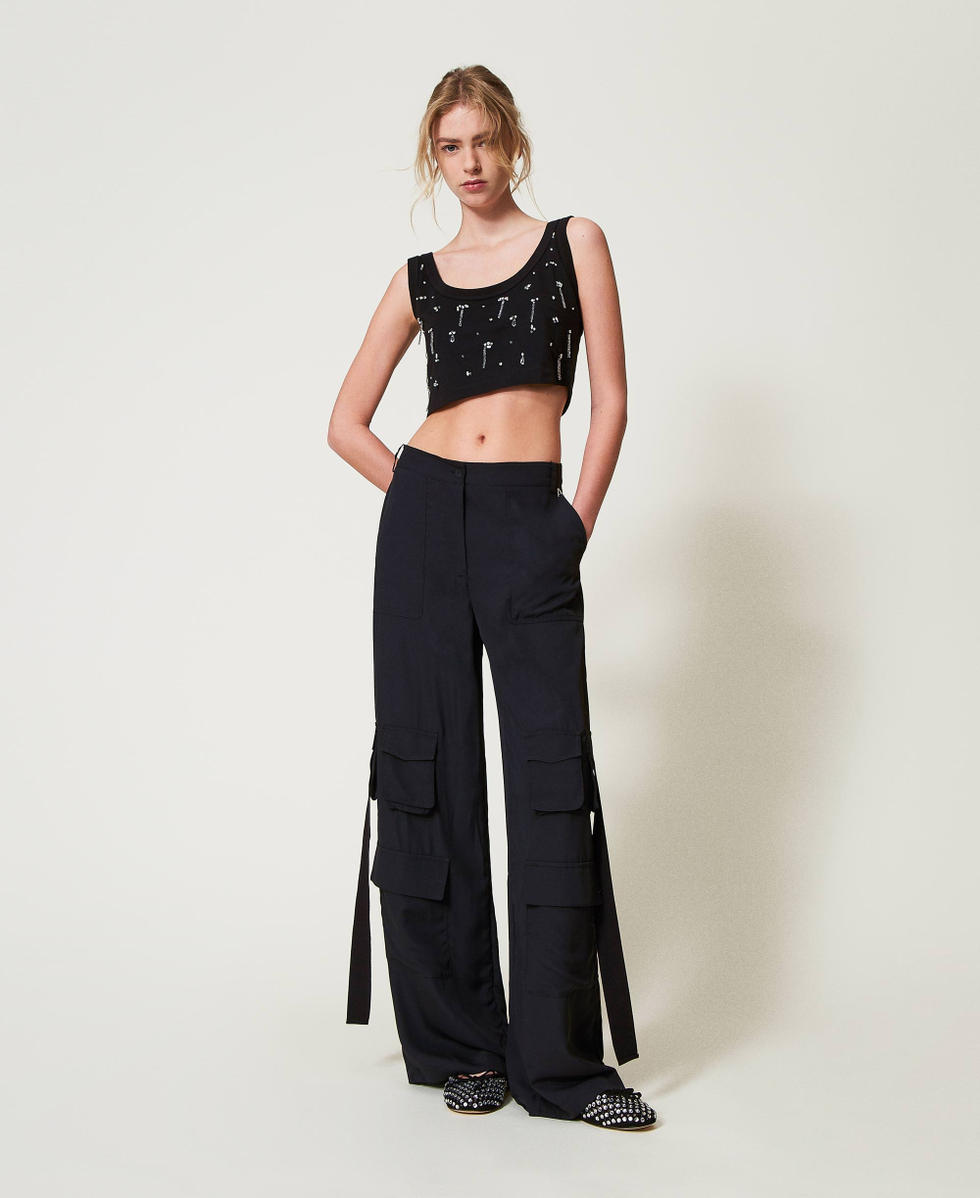 Top cropped con ricami Nero Donna 251AP2222_00006_T0