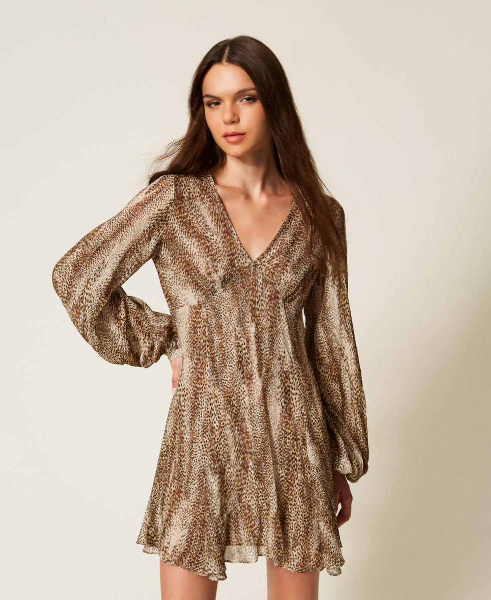 Kurzes Kleid aus Cr&ecirc;pe im Animal-Design Animalprint Brown Streifen Lurex Frau 252TT2350_12895_06