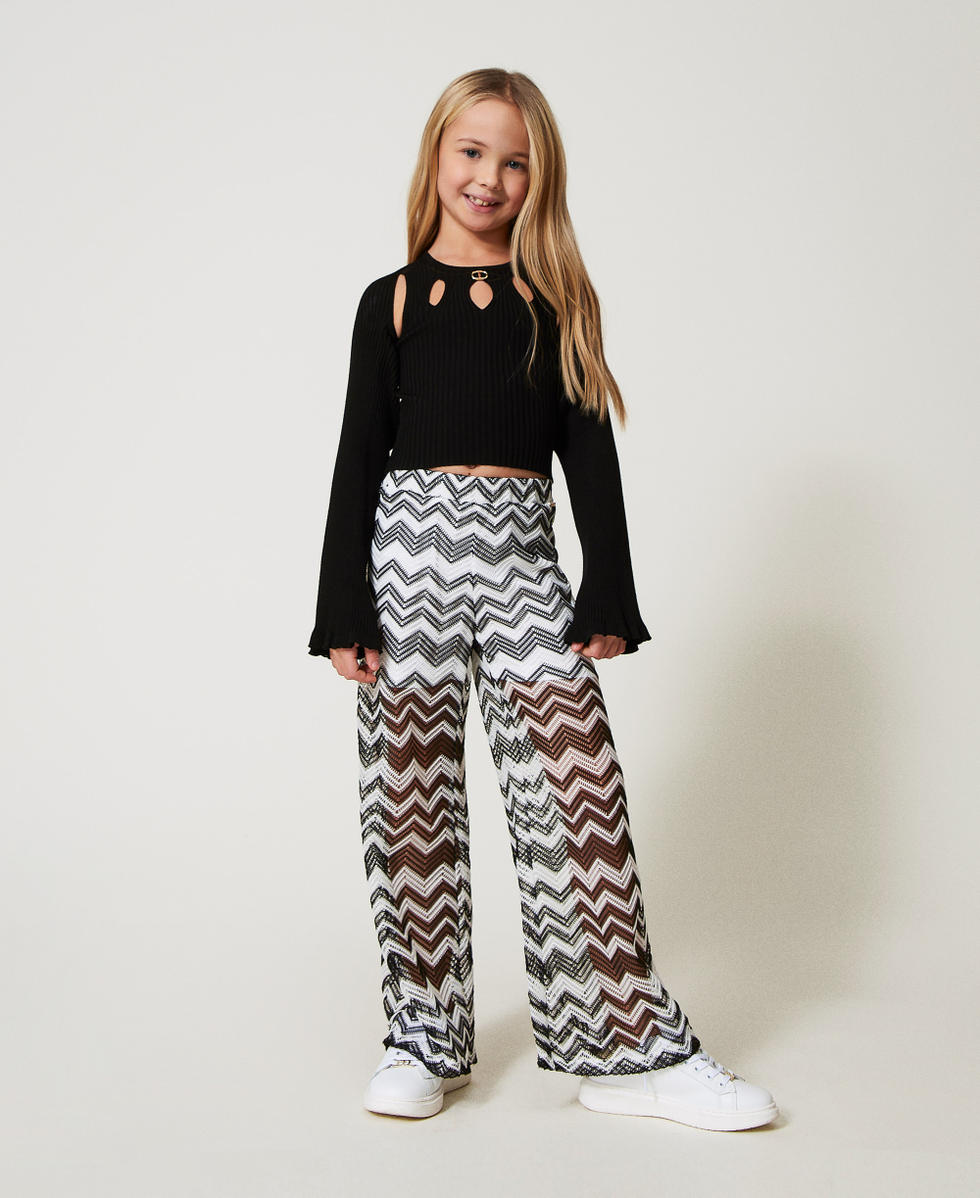 Mesh trousers with chevron pattern Bicolour "Ice" White / Black Girl 251GJ2553_02849_01