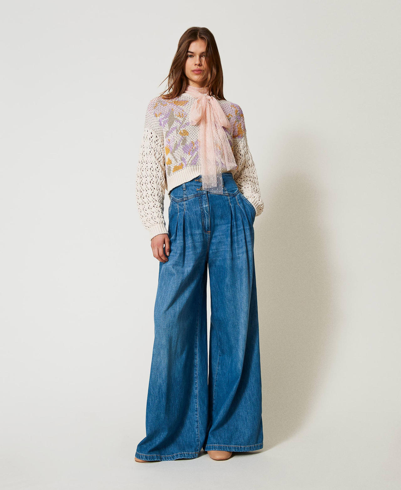 Wide leg jeans with pleats Woman, Blue | TWINSET Milano