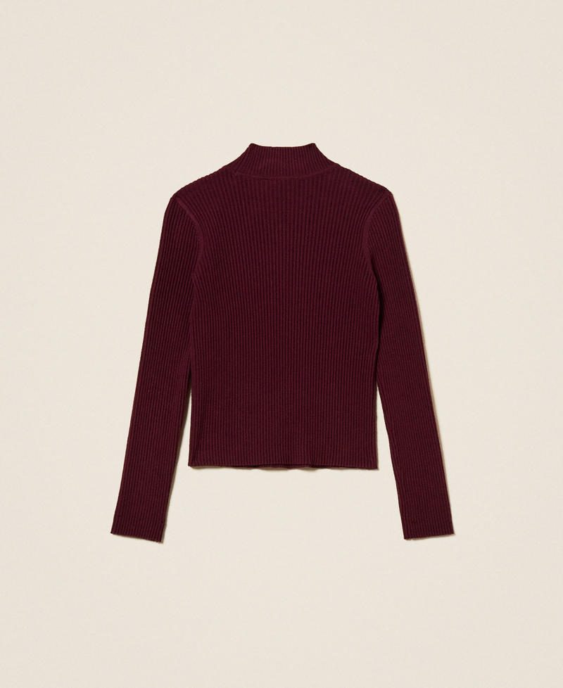 Pull col montant côtelé avec Oval T Rouge Bordeaux Fille 252GJ3042_04218_S1