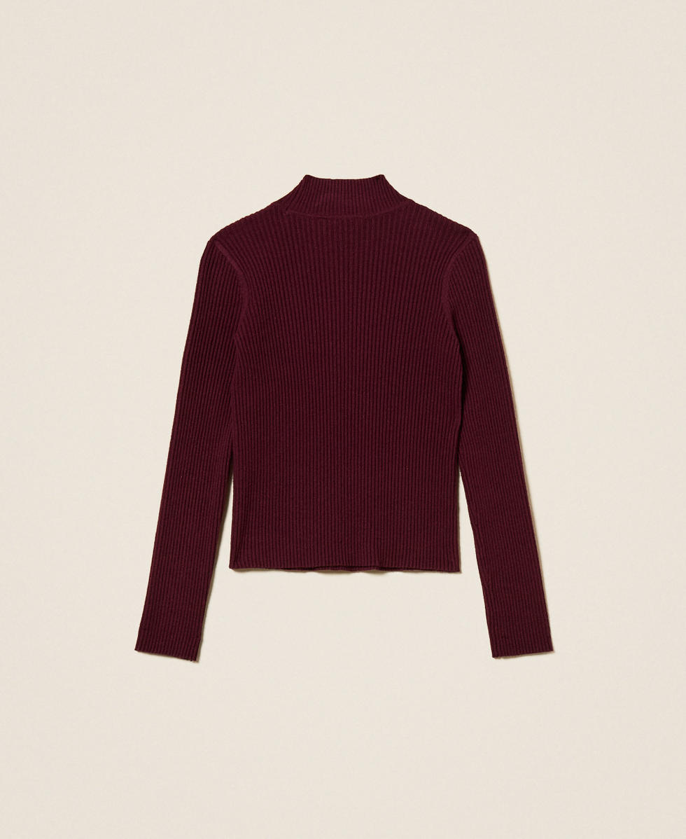 Rib knit turtleneck jumper with Oval T Burgundy Red Girl 252GJ3042_04218_S1
