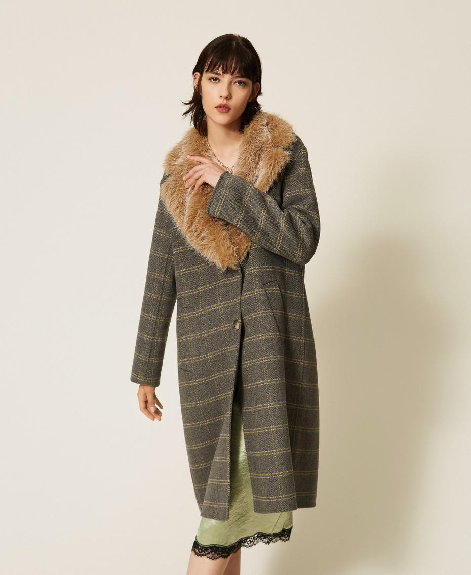 Chequered double wool coat with faux fur Grey Melange/Mustard Check Woman 262TP2220_13841_04