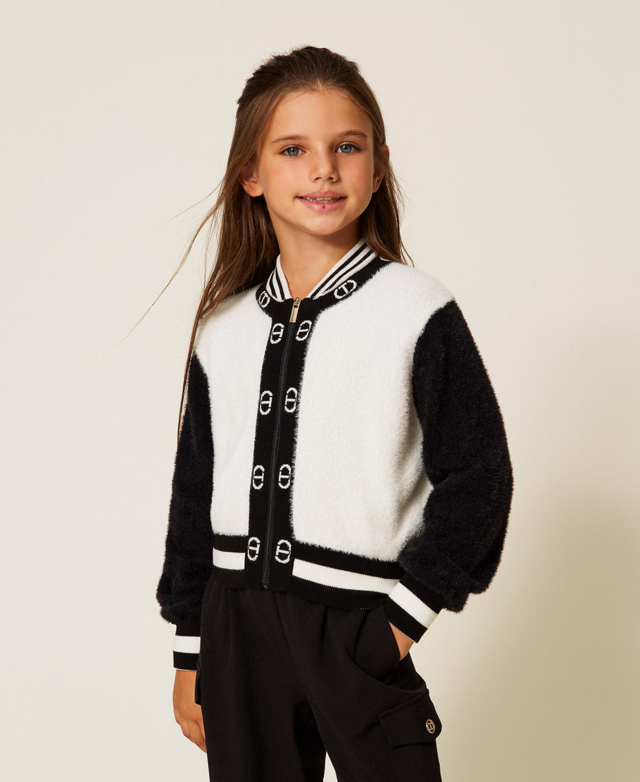 Knit bomber jacket with Oval T Bicolour Black / Off White Girl 252GJ3070_02714_01