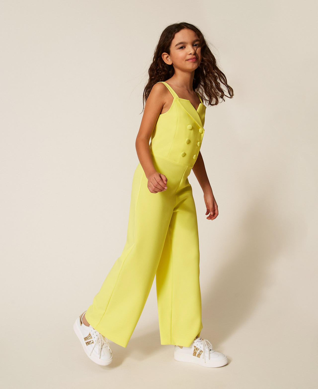 Double-breasted cr&ecirc;pe jumpsuit Limelight Yellow Girl 261GJ2Q50_06210_02