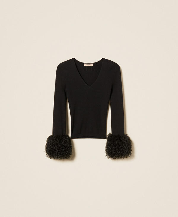 Rib knit jumper with faux fur
