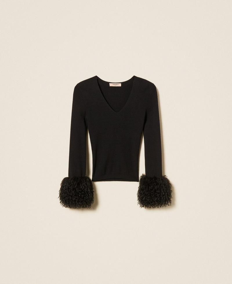 Maglia a coste con faux fur Nero Donna 262TT3261_00006_S0